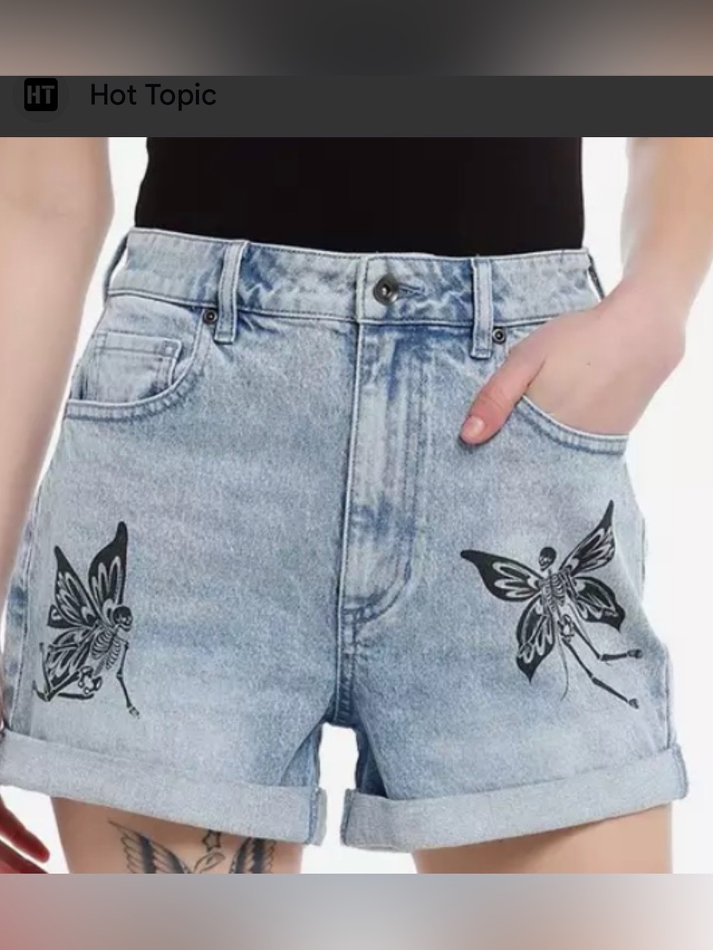 Hot Topic Thorn & Fable Skull Fairy High-Waisted Denim Mom Shorts Size 11